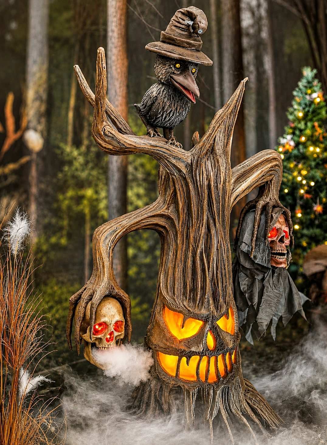 Halloween Tree with Scarecrow & Pumpkins